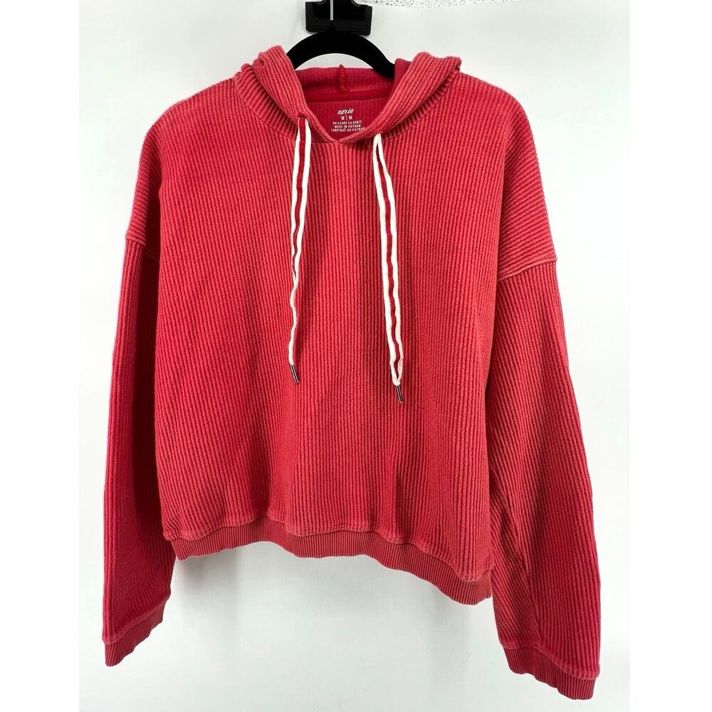 Aerie | Corded Ribbed Cropped Pullover Hoodie Red Oversized Women's Size M